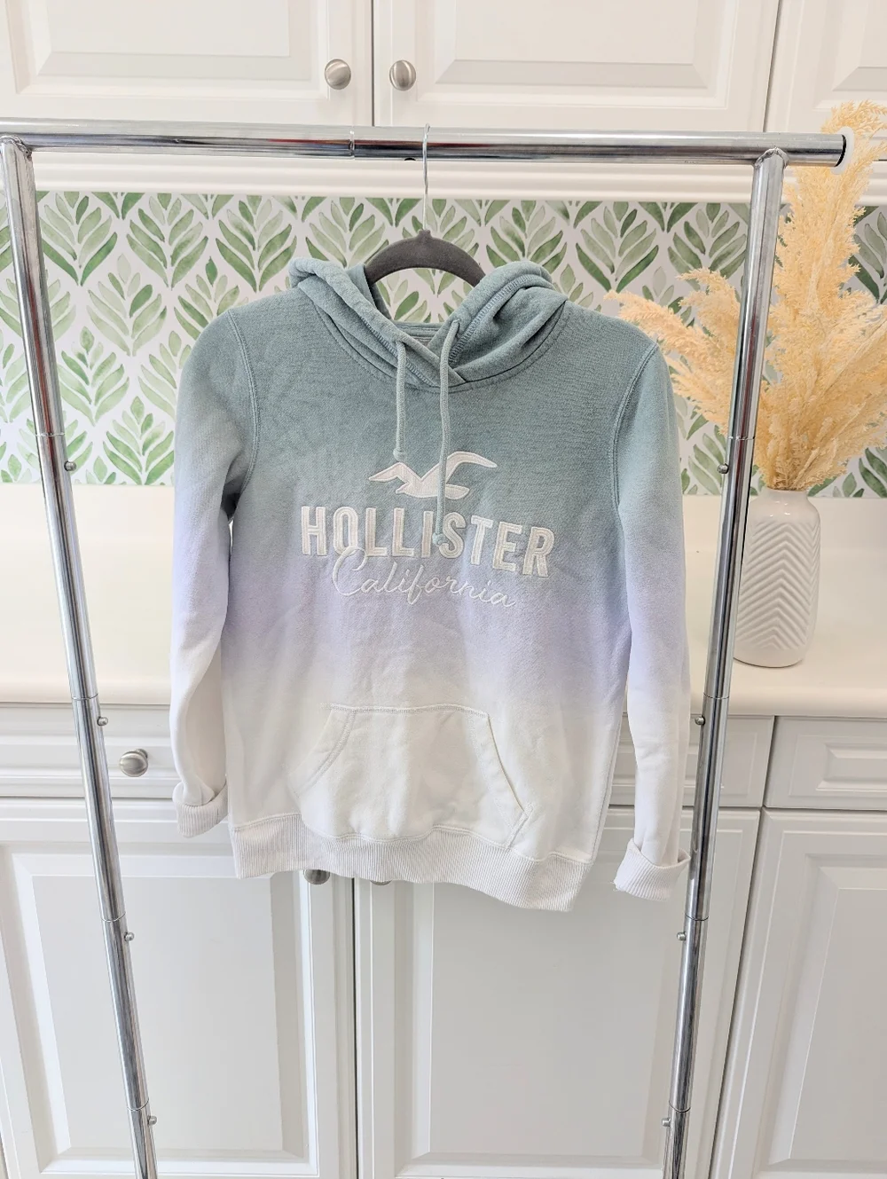 Hollister California Ombre Sage Green to White Logo Hoodie Small Y2K